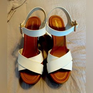 White Limelight leather square heel wedge.